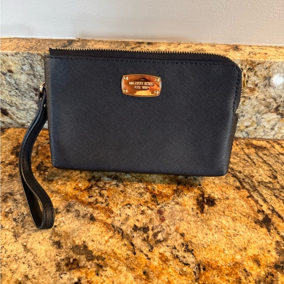 Michael kors black wristlet wallet with two gold zippered sections - Picture 1 of 4